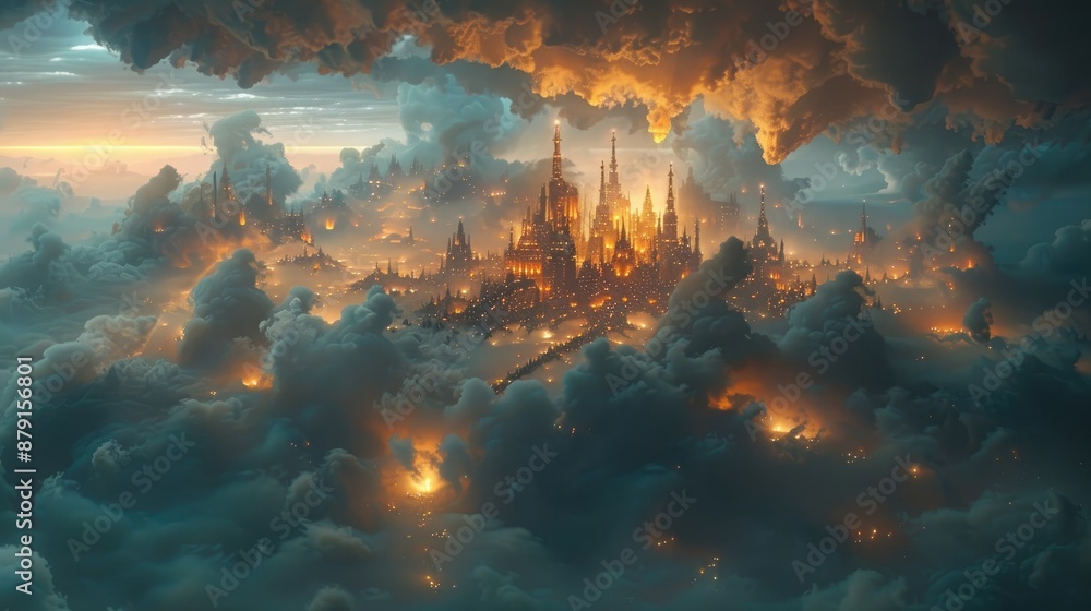 Fototapeta premium Surreal digital artwork of a floating cityscape in the clouds, combining fantasy and futuristic elements