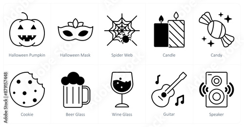 A set of 10 Party and Celebration icons as halloween pumpkin, halloween mask, spider web