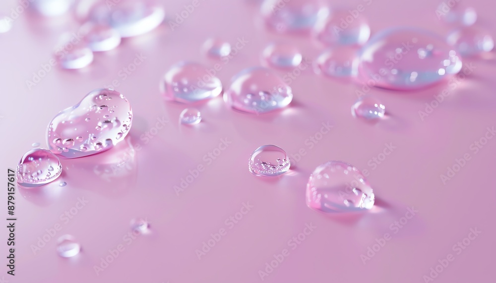 Water droplets on a pink surface. The droplets should be clear and reflective, and the surface should be smooth and glossy. The image should be well-lit and have a soft, natural look. Water droplets on a pink surface. The droplets should be clear and reflective, and the surface should be smooth and glossy. The image should be well-lit and have a soft, natural look.