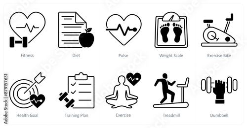 A set of 10 Sports and Fitness icons as fitness, diet, pulse