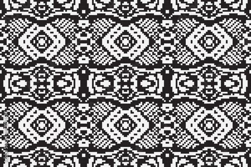 Ethnic seamless monochrome pattern vector image, Monochrome pixel background. Abstract seamless pattern with small random scattered squares, rectangles, tiny dots. Black and white minimal 