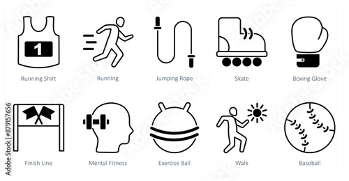A set of 10 Sports and Fitness icons as running shirt, running, jumping rope