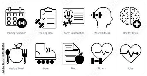 A set of 10 Sports and Fitness icons as training schedule, training plan, fitness subscription