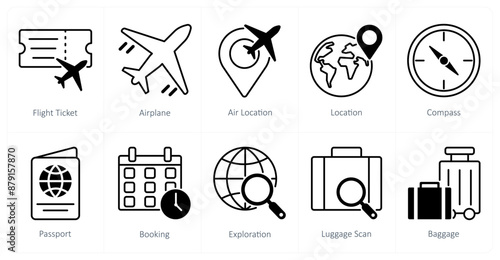 A set of 10 Summer and Vacation icons as flight ticket, airplane, air location
