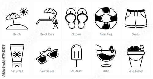 A set of 10 Summer and Vacation icons as beach, beach chair, slippers