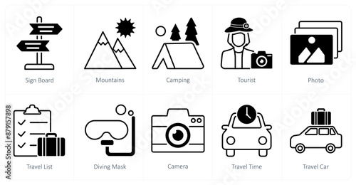 A set of 10 Summer and Vacation icons as sign board, mountains, camping
