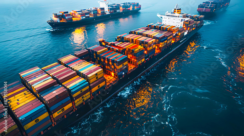 Large cargo ships transporting containers across the ocean at dusk, showcasing global trade and maritime shipping logistics.
