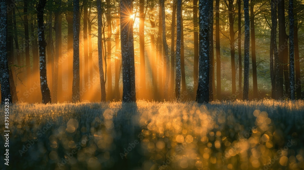 Obraz premium Softly blurred forest with sunlit trees