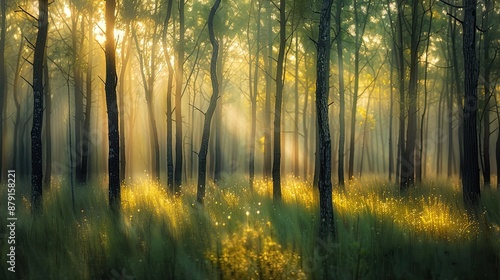 Softly blurred forest with sunlit trees