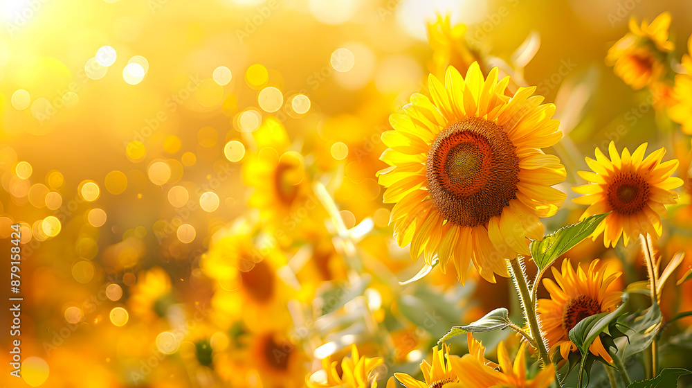 Fototapeta premium Beautiful sunflowers basking in golden sunlight with a soft focus background, ideal for nature and summer themes.
