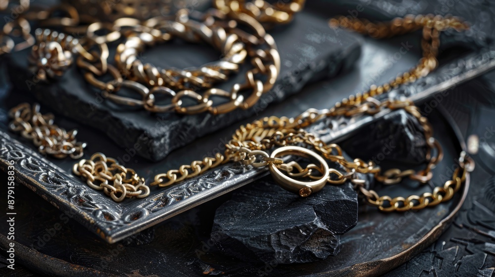 Gold ring and chain and coil bracelets on black stone trays with room for text Gold ring and chain and coil bracelets on black stone trays with room for text