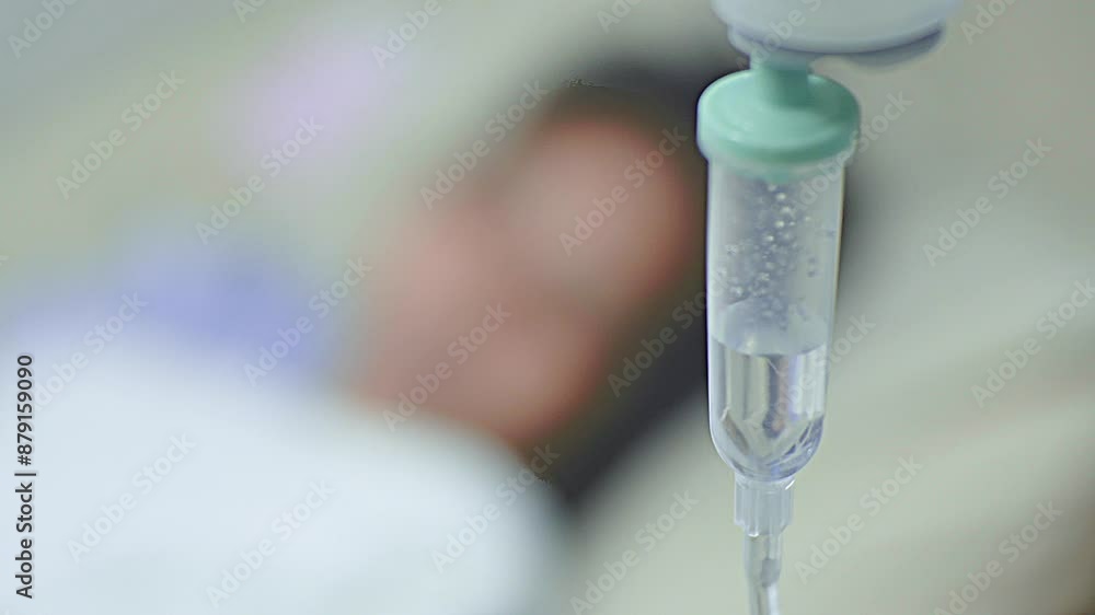 Close-up high-angle view saline with blur sick young woman patient in a hospital bed, receiving medication via an intravenous drip. Close-up high-angle view saline with blur sick young woman patient in a hospital bed, receiving medication via an intravenous drip.
