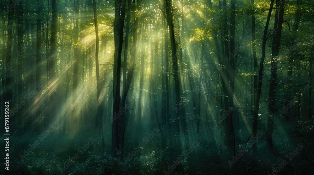 Obraz premium Softly blurred forest with sunlit trees