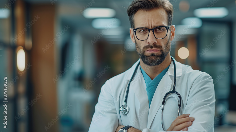 A male doctor stood with his hands crossed in the hallway of the hospital, in his office A male doctor stood with his hands crossed in the hallway of the hospital, in his office