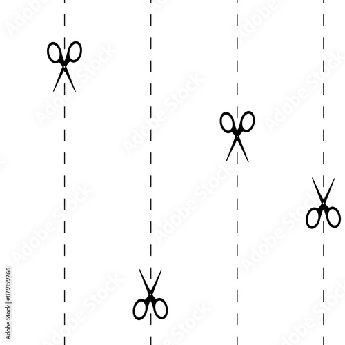 Cut here seamless pattern. Vector scissors with dotted lines, paper cut here seamless pattern for ticket, coupon, promo code.