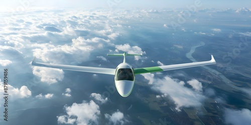 A modern aircraft in green and white colors flying sustainably. Concept Modern Aviation, Green Technology, Sustainable Travel, Airborne Innovation, Environmental Conservation photo