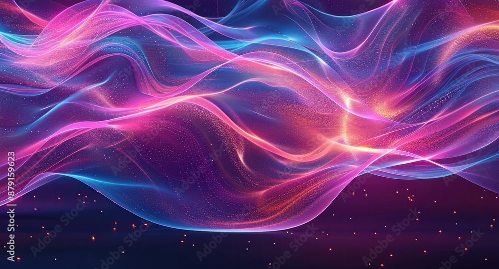 Futuristic trendy background with wavy airy texture of silk neon shiny blue purple fabric in the form of a wave on a dark background. Neon wave. Copy space. Banner Futuristic trendy background with wavy airy texture of silk neon shiny blue purple fabric in the form of a wave on a dark background. Neon wave. Copy space. Banner