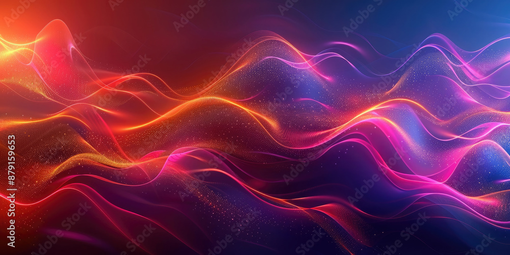 Futuristic trendy background with wavy airy texture of silk neon shiny blue purple fabric in the form of a wave on a dark background. Neon wave. Copy space. Banner Futuristic trendy background with wavy airy texture of silk neon shiny blue purple fabric in the form of a wave on a dark background. Neon wave. Copy space. Banner