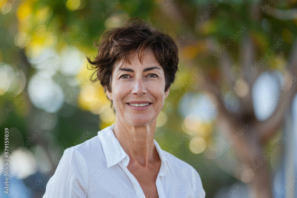 An attractive middle-aged woman in a white shirt stands outdoors, her short hair and smile captured against a blurred background. An attractive middle-aged woman in a white shirt stands outdoors, her short hair and smile captured against a blurred background.