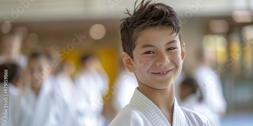 A boy in white is smiling among his fellow martial arts students in a dojo. photo