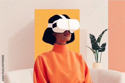 An illustration of a woman wearing a VR headset. She is sitting in a modern living room with a plant in the background. The illustration is done in a flat, minimalist style.