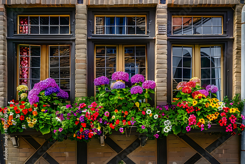 Three Windows With Flower Boxes Full Of Colorful Flowers