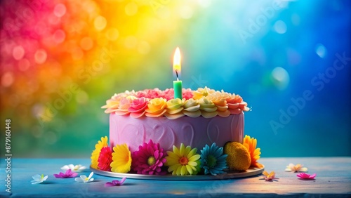 Vibrant multicolored candles with gentle flames on a cake surrounded by flowers against a soft blue and pink gradient background.