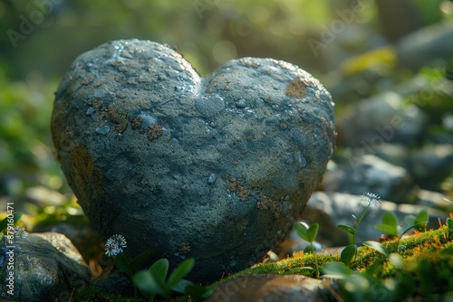 Heart shaped rock sitting on a rock in the grass, Love background