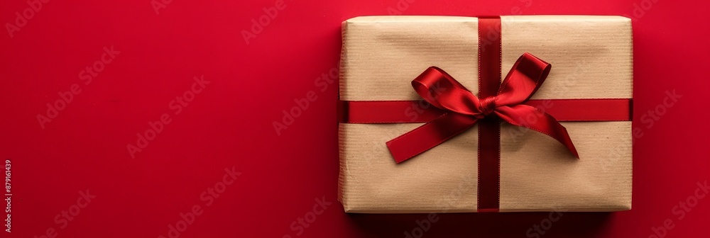 Gift box wrapped in brown craft paper and tied with red ribbon on red festive background, top view Gift box wrapped in brown craft paper and tied with red ribbon on red festive background, top view