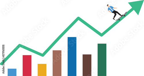 Man riding a skateboard in the direction of the upward arrowprogress achieving business success