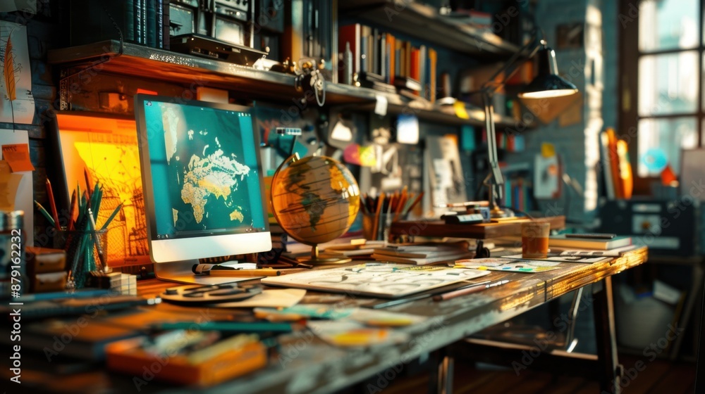A school background, books, globe, and color pencils are on the desk, 4k, a cozy study nook with a wooden desk and chair, shelves filled with educational materials, a soft glow from a desk lamp, A school background, books, globe, and color pencils are on the desk, 4k, a cozy study nook with a wooden desk and chair, shelves filled with educational materials, a soft glow from a desk lamp,
