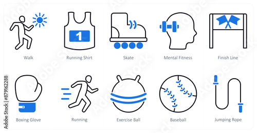 A set of 10 Sports and Fitness icons as walk, running shirt, skate