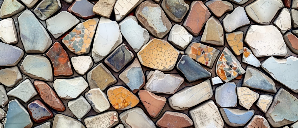 Panoramic close-up, high detail scan of mosaic pottery texture, Generative AI Panoramic close-up, high detail scan of mosaic pottery texture, Generative AI