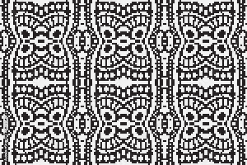 Ethnic seamless monochrome pattern vector image, Monochrome pixel background. Abstract seamless pattern with small random scattered squares, rectangles, tiny dots. Black and white minimal 