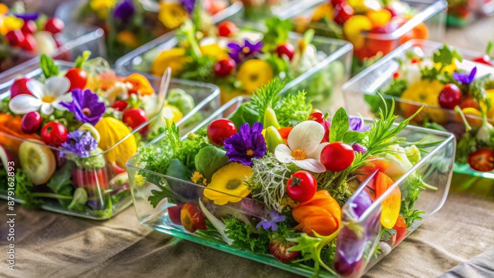 Colorful and fresh vegetable salad arranged on clear plastic wrap, garnished with herbs, ready for a lavish wedding buffet display. Colorful and fresh vegetable salad arranged on clear plastic wrap, garnished with herbs, ready for a lavish wedding buffet display.