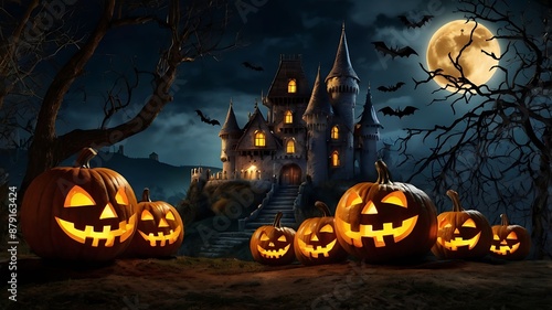 Halloween background with scary pumpkins and bats in the graveyard and a night castle background