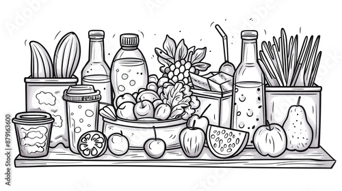 Healthy Snack Coloring Page with Fruits, Sandwiches and Lunch Boxes