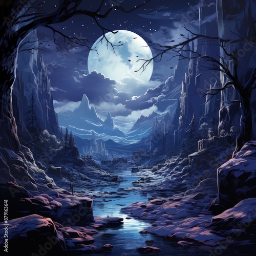 Frozen Ice Cave Scenery in Dark Style Illustration