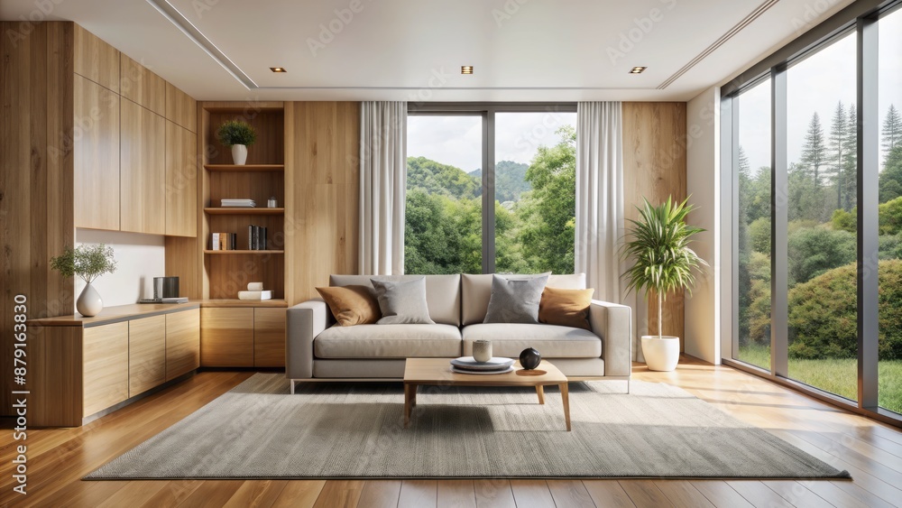Modern minimalist living room with wooden floor, white walls, large couch, vast window, carpet, and wooden cabinet wall for mockup. Modern minimalist living room with wooden floor, white walls, large couch, vast window, carpet, and wooden cabinet wall for mockup.