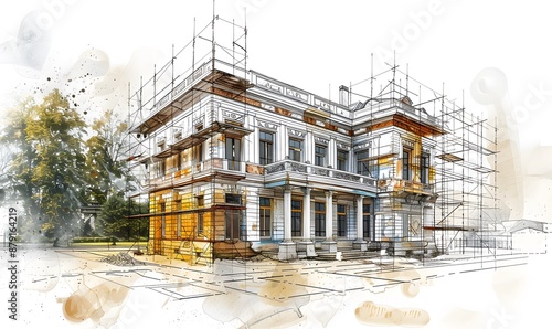 Historical Building Restoration : Sketch of a historical building being restored, drawn with room for text overlay