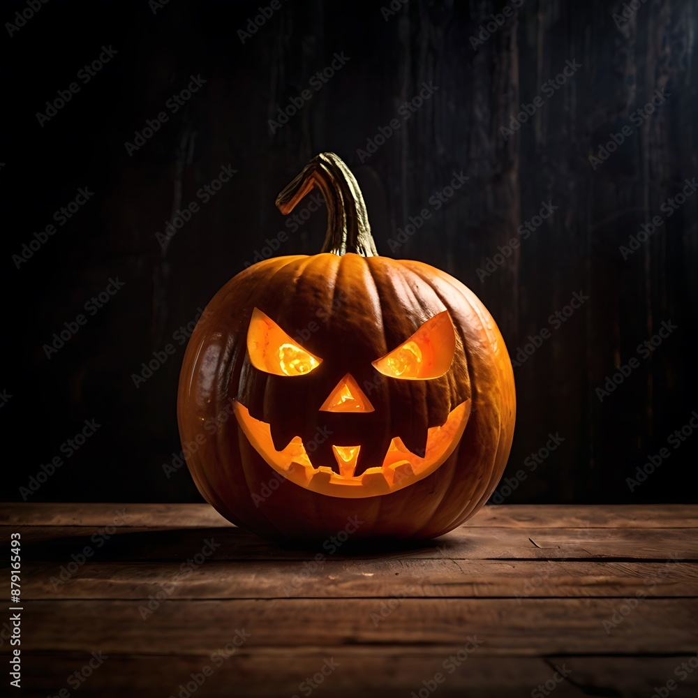 Halloween pumpkin with a carved face on it sits on a wooden table with a night background Halloween pumpkin with a carved face on it sits on a wooden table with a night background