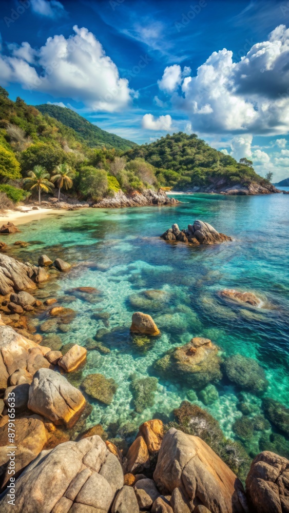 A stunning coastal landscape featuring a rocky shoreline and crystal-clear turquoise waters A stunning coastal landscape featuring a rocky shoreline and crystal-clear turquoise waters