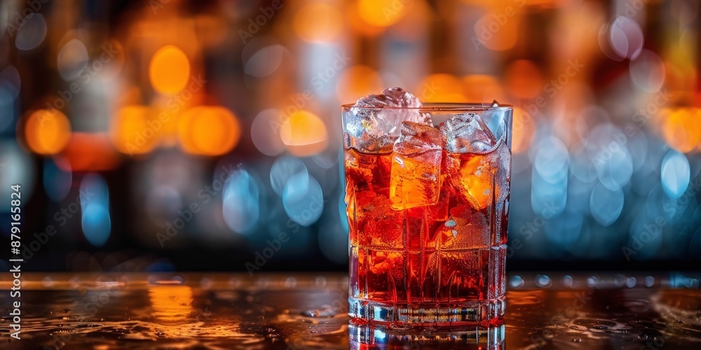 Cocktail glass with ice cubes on a bar counter with a colorful, illuminated background, perfect for nightlife themes. Cocktail glass with ice cubes on a bar counter with a colorful, illuminated background, perfect for nightlife themes.