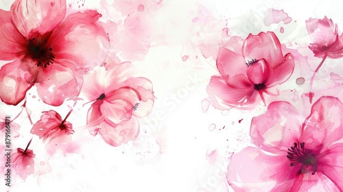 Beautiful pink flowers and watercolor art on white background with space for text