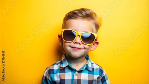 Adorable infantile comedy ensues as oversized trendy shades adorn a solitary cherubic young gent's face on vibrant yellow backdrop.