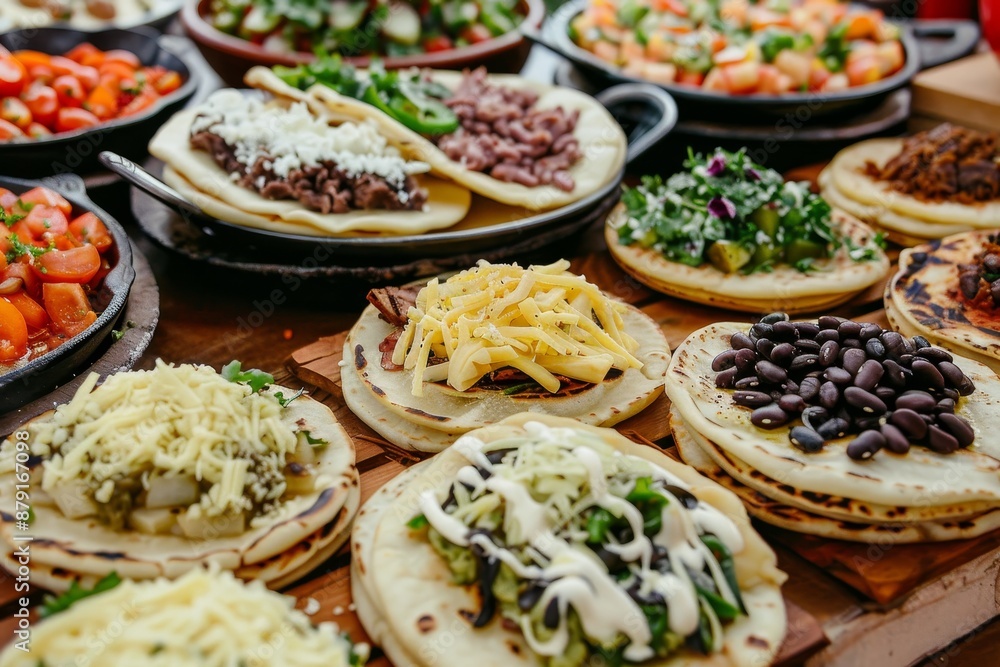 A table full of arepas, with black beans and cheese on the arepas. A table full of arepas, with black beans and cheese on the arepas.