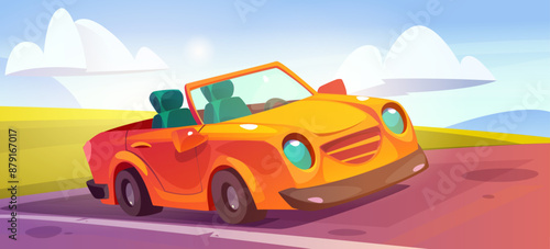 Yellow car parked against green field background. Vector cartoon illustration of modern cabriolet auto on road, summer landscape with grass and sunny blue sky, rental or maintenance service banner