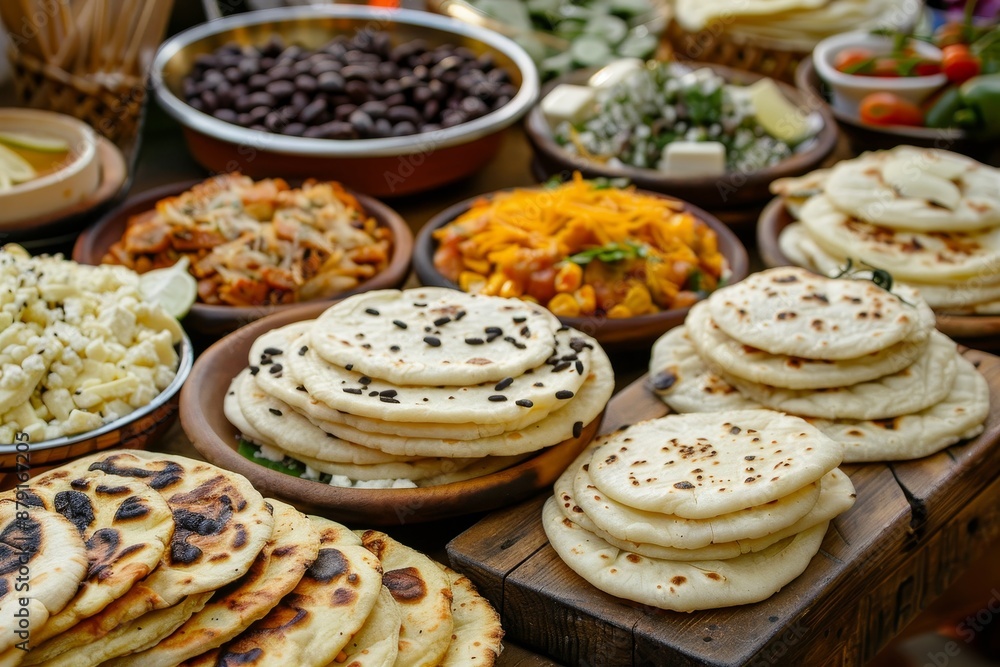 A table full of delicious and colorful arepas, including casual tortillas with various fillings such as black beans or cheese chicken. A table full of delicious and colorful arepas, including casual tortillas with various fillings such as black beans or cheese chicken.