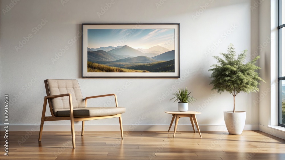 Fototapeta premium Simple, yet elegant, horizontal minimalist landscape poster hangs above a chic chair against a pristine white wall backdrop.