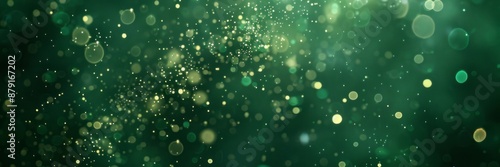 Dark green abstract background with a bokeh circle and shiny stars. New year, birthday, holidays celebration.